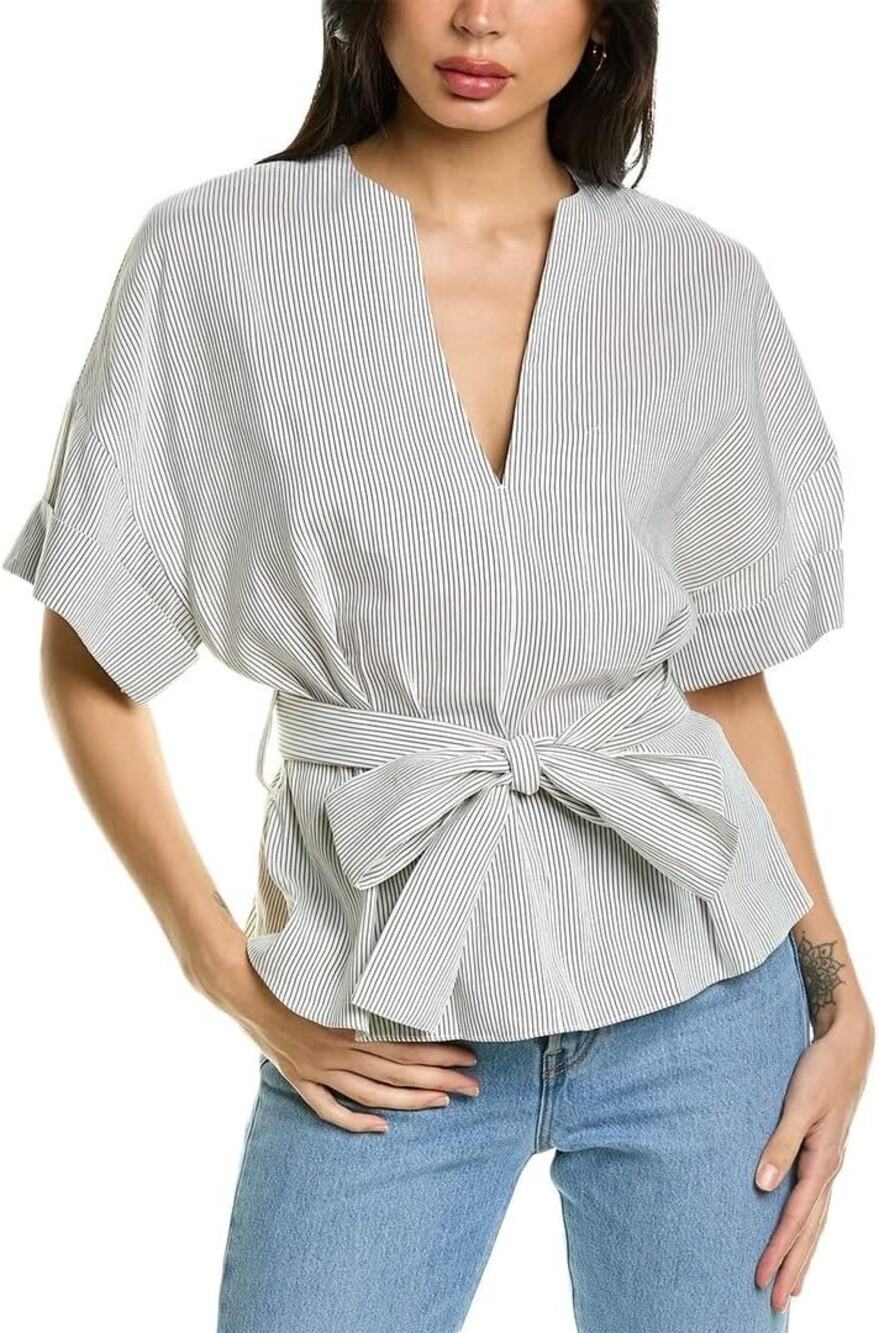 Vince Self Tie V Neck Blouse White Gray Striped Cuffed Sleeve Women's L
